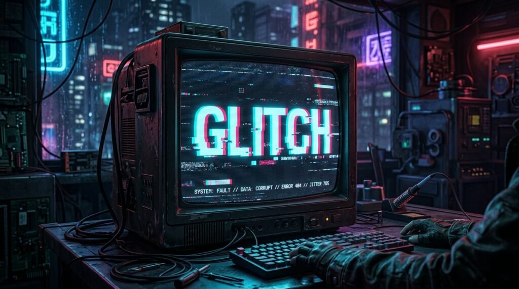 Animated Glitch Text Generator preview showing chromatic aberration split effect and digital scanlines